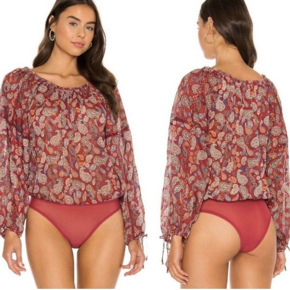 Free People Body‎ Suit Blouse Size XS Red Sundown Paisley Boho Raw Seaming